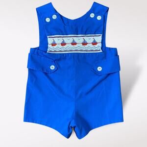 Vintage Nautical Smocked Sailboat Romper Baby Boy Blue One Piece Shortall 12M